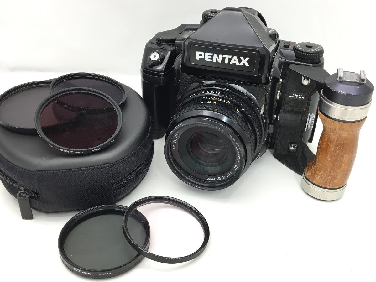 1円～ PENTAX 67Ⅱ/smc PENTAX 67 1:2.8 90mm 木製グリップ付 レンズフィルター セット デジタル一眼レフカメラ ジャンク 【sw0808209