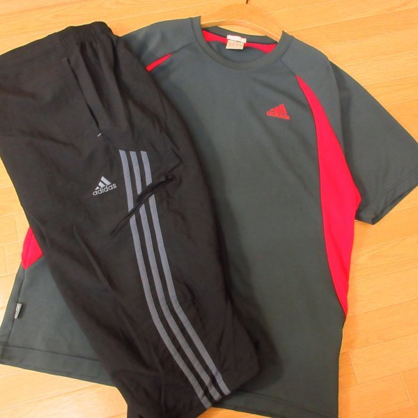 ◎良品！XL 上下セット！adidas アディダス◆セットアップ / 半袖 Tシャツ&七分丈パンツ サイクリング◆メンズ グレーx黒◆B80231_画像1