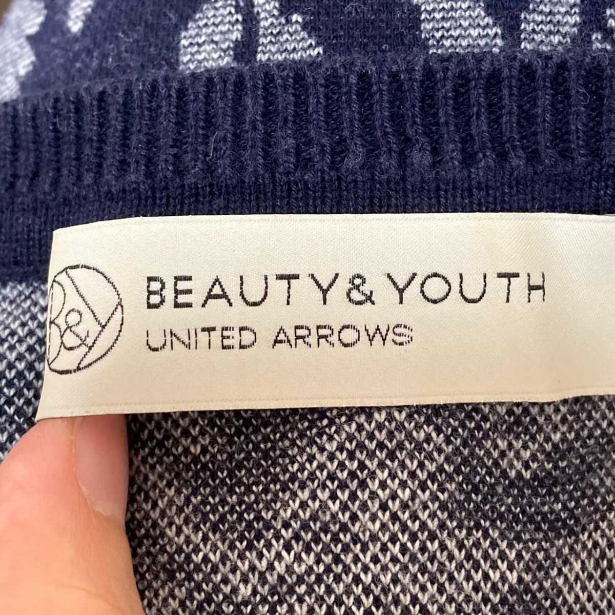 H161L《BEAUTY&YOUTH ビューティアンドユース》サイズS位 クルーネック ニットセーター ネイビー 花柄 総柄 薄手 ユナイテッドアローズ_画像7