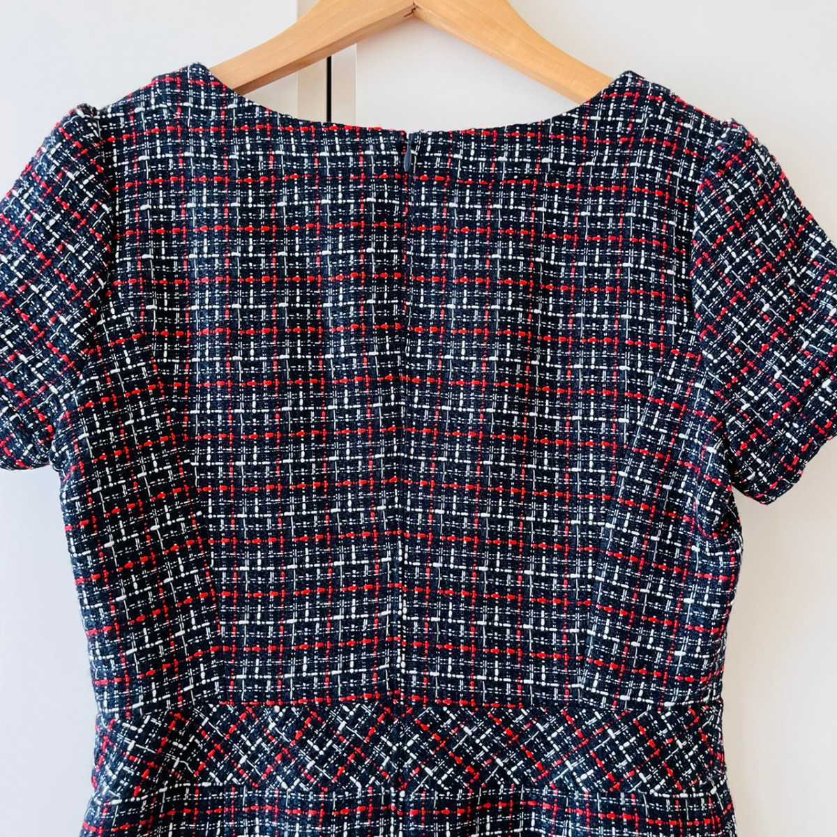 H338cL{NATURAL BEAUTY BASIC Natural Beauty Basic } size S short sleeves tweed One-piece navy check pattern lady's 