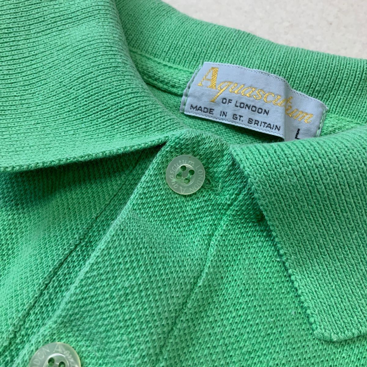 90‘s イングランド製 Aquascutum アクアスキュータム ワンポイントロゴ 半袖 鹿子 ポロシャツ メンズ Lサイズ グリーンの画像4