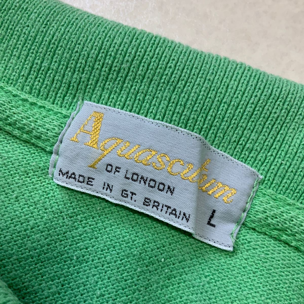 90‘s イングランド製 Aquascutum アクアスキュータム ワンポイントロゴ 半袖 鹿子 ポロシャツ メンズ Lサイズ グリーンの画像8