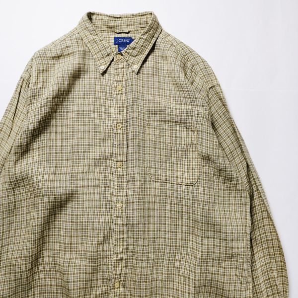 90's 00's Jクルー J.CREW 100% リネン チェック ボタンダウンシャツ (L) 黄色×茶系 長袖 90年代 00年代 旧タグ オールド