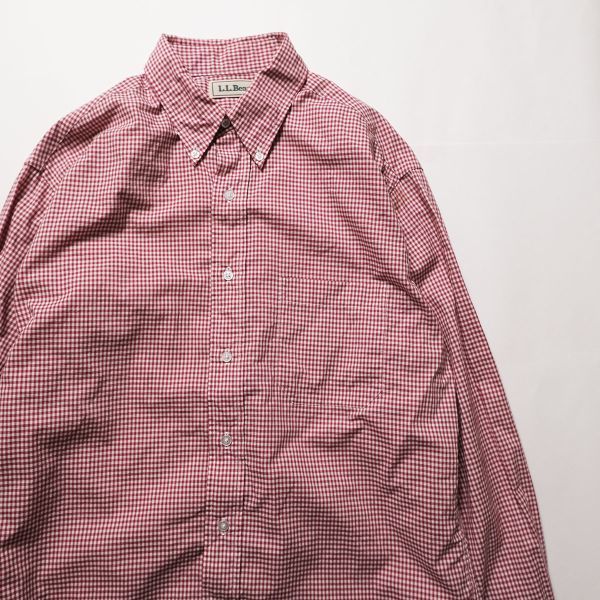 90's LLビーン ボタンダウン ギンガムチェック コットンシャツ 赤×白 (M) 長袖 90年代 旧タグ オールド LLBEAN