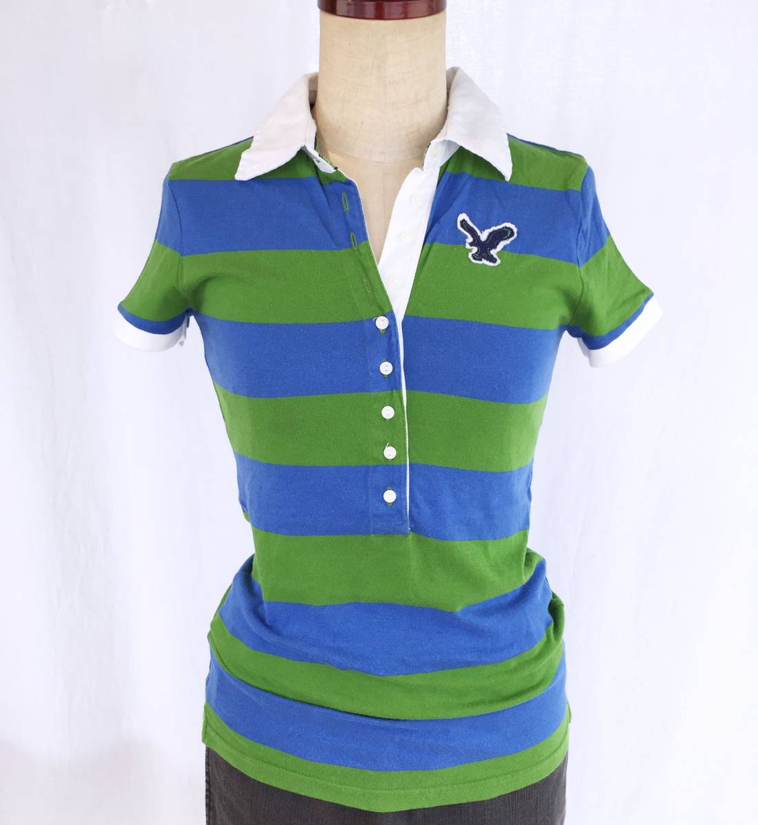 AMERICAN EAGLE アメリカンイーグル ラガーシャツ レディース XS 半袖 ポロシャツ ボーダー AE 青緑 ロゴワッペン えり付Tシャツ E245_画像1
