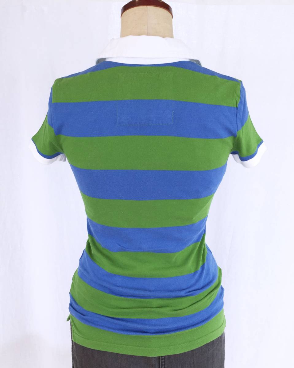 AMERICAN EAGLE アメリカンイーグル ラガーシャツ レディース XS 半袖 ポロシャツ ボーダー AE 青緑 ロゴワッペン えり付Tシャツ E245_画像3
