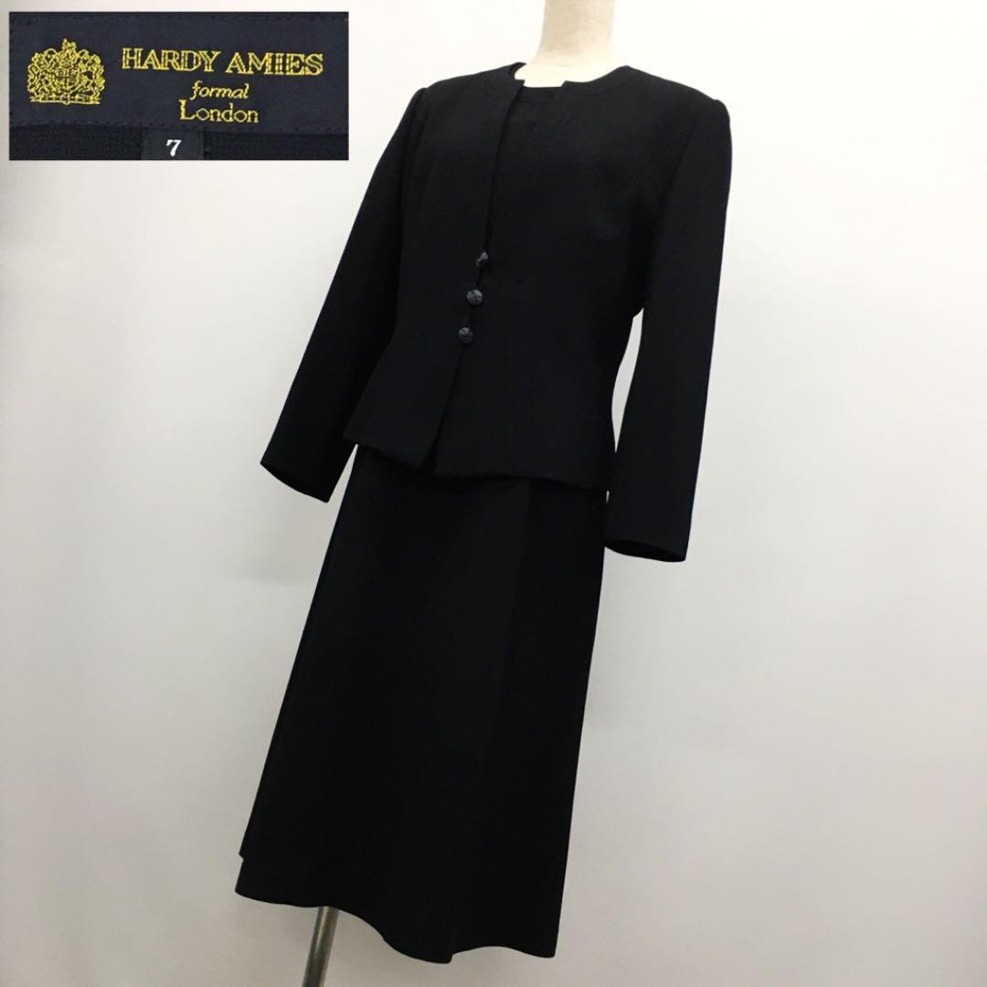 HARDY AMIES ハーディ エイミス 英国王室御用達 ブラックフォーマル セットアップ ノーカラージャケット ワンピース 喪服礼服 7号_画像1