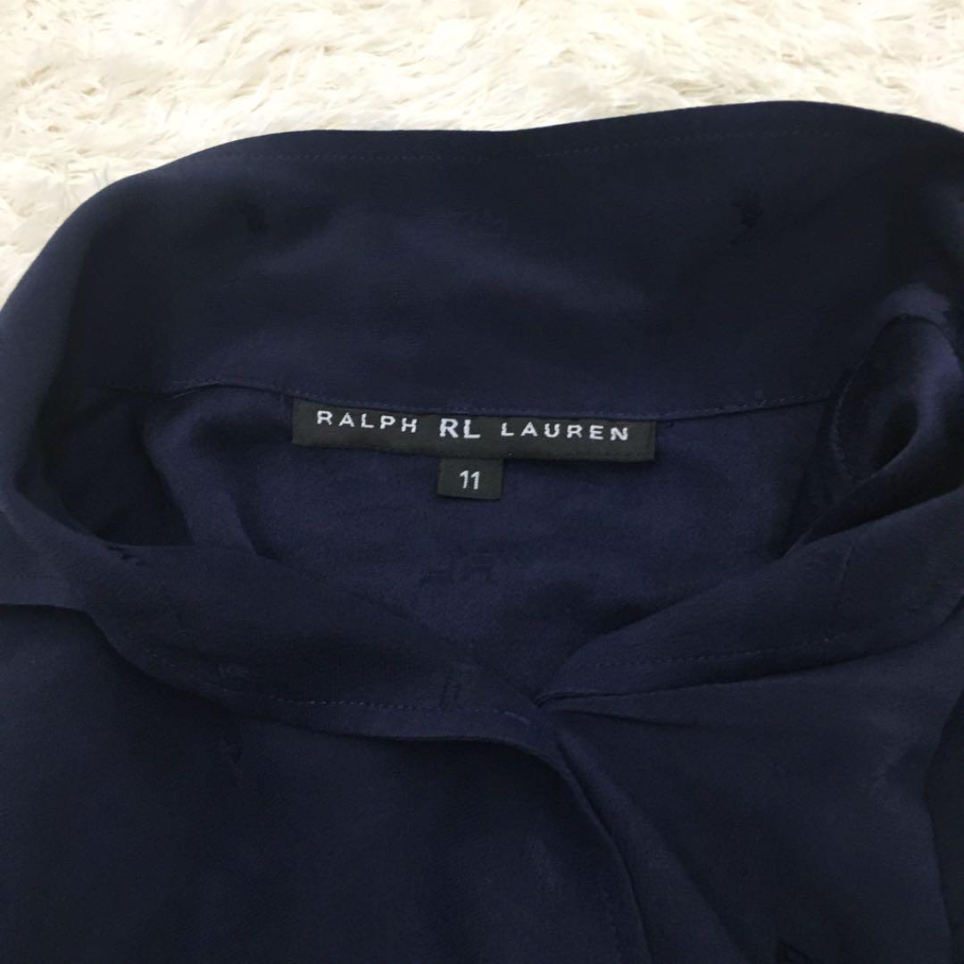 RALPH LAUREN ラルフローレン オープンカラーシャツ RLロゴ ポニー 総柄 シルク 長袖 レディース サイズ11号 インパクト21 紺色