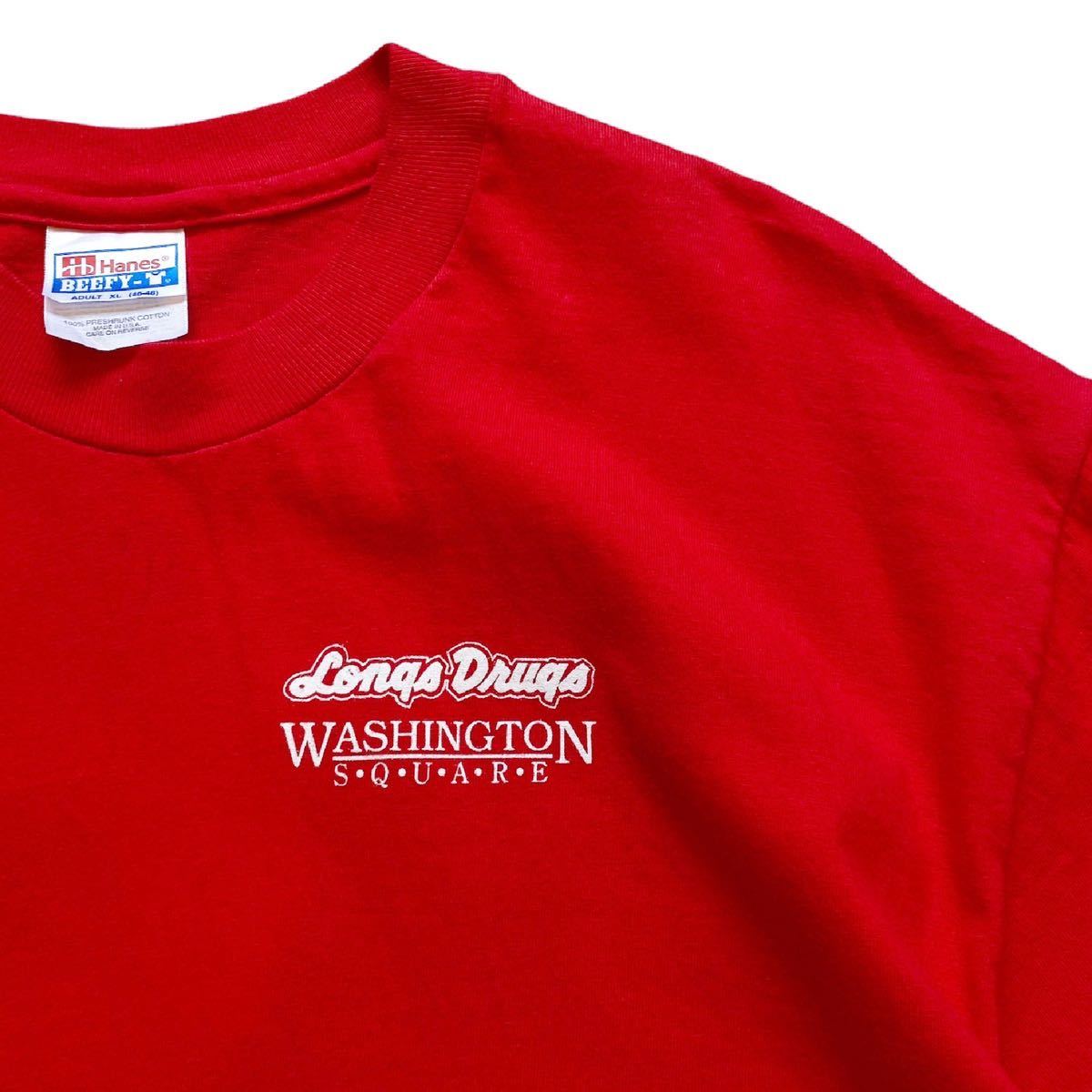 USA製 90's Hanes ヘインズ Longs Drugs ロングスドラッグス ヴィンテージ Tシャツ XL 赤 ブルドッグ バックプリント シングル US企業