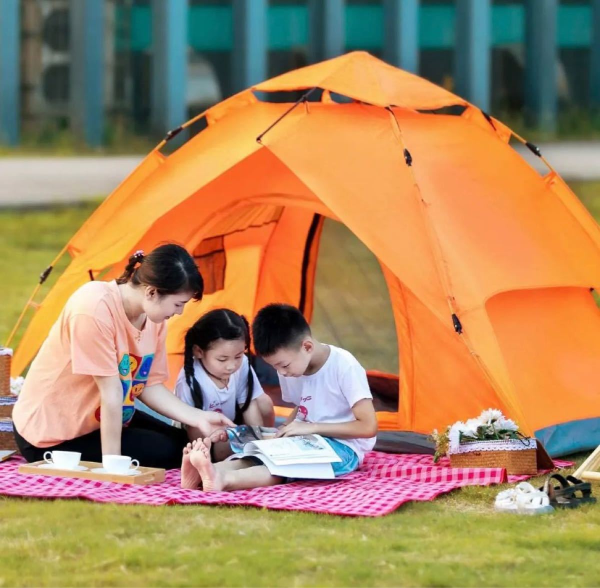 オレンジ ワンタッチテント テント 二重層 3～4人用 収納バッグ付き キャンプテント 折りたたみ ドームテント 防風