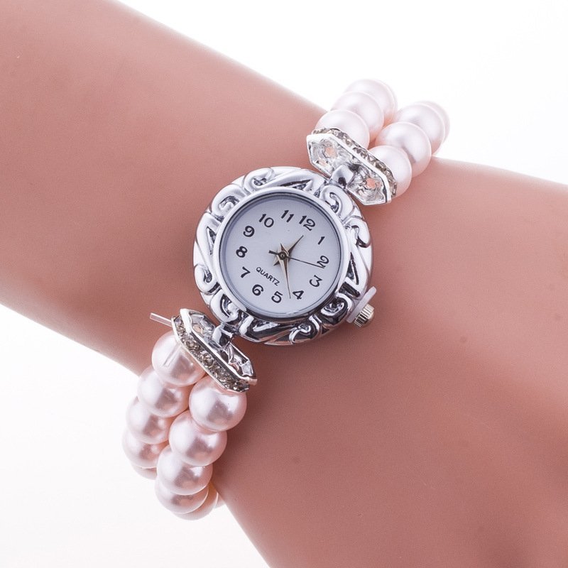 腕時計 ブレスレット アナログ クォーツ時計 パール 真珠 シンプル ブレスレット レディース カラフル宝石 4カラー B07B029 3-ピンク系 