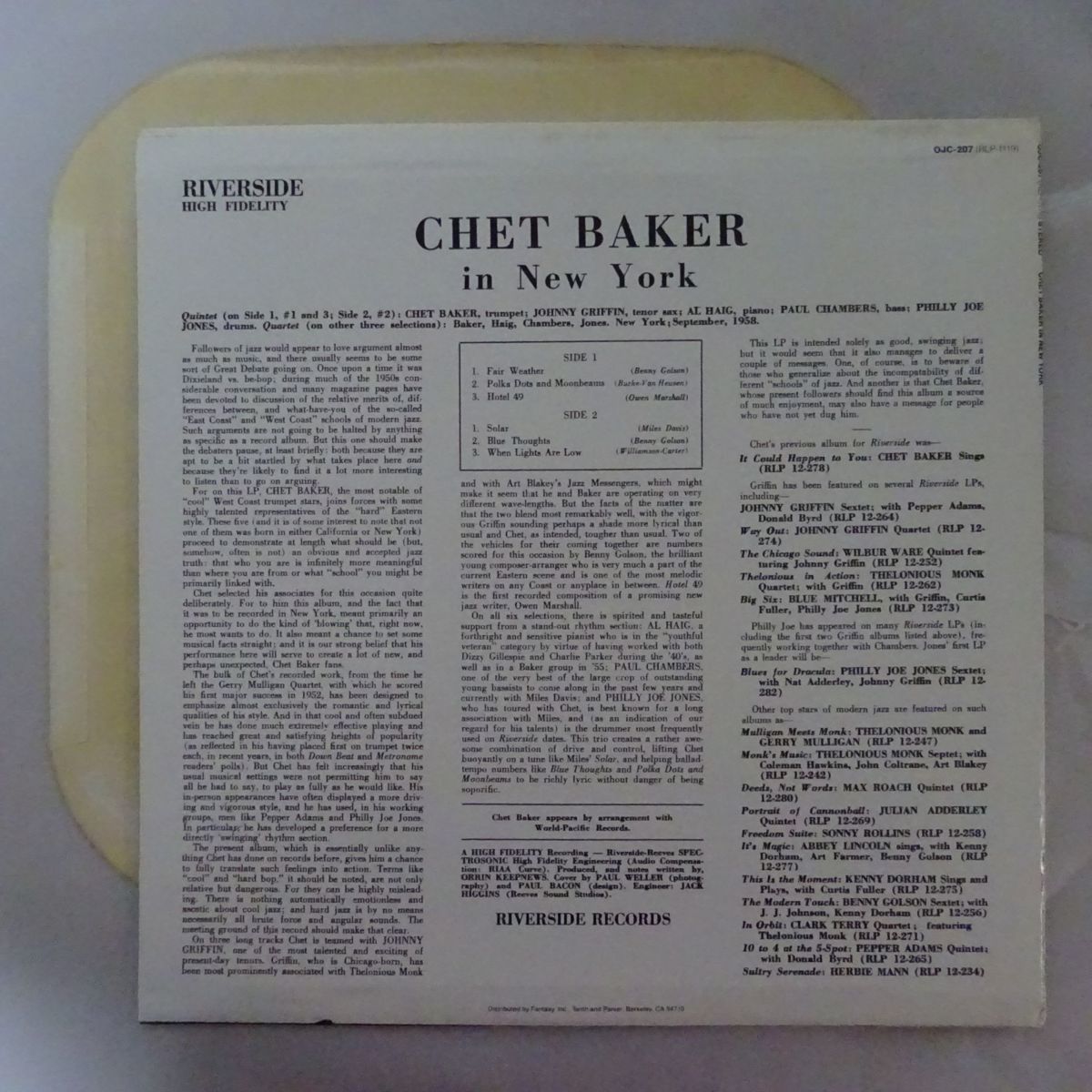 14001726;【US盤/OJC RIVERSIDE/厚紙ジャケ】Chet Baker / In New York_画像2