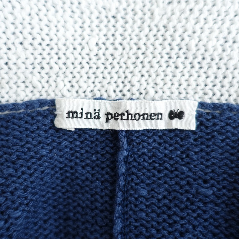 ■2021SS【美品】ミナペルホネン mina perhonen *tuulet ニットカーディガン*38コットンリネン綿麻ネイビー配色切替ピン羽織0621【22G12】