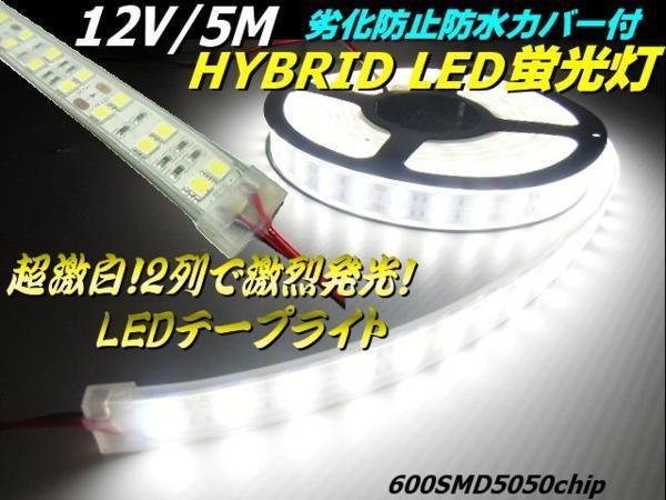 激白 12V 5M 劣化防止 防水カバー付 2列 LEDテープライト 白/ホワイト 蛍光灯 LED照明 船舶 航海灯 F