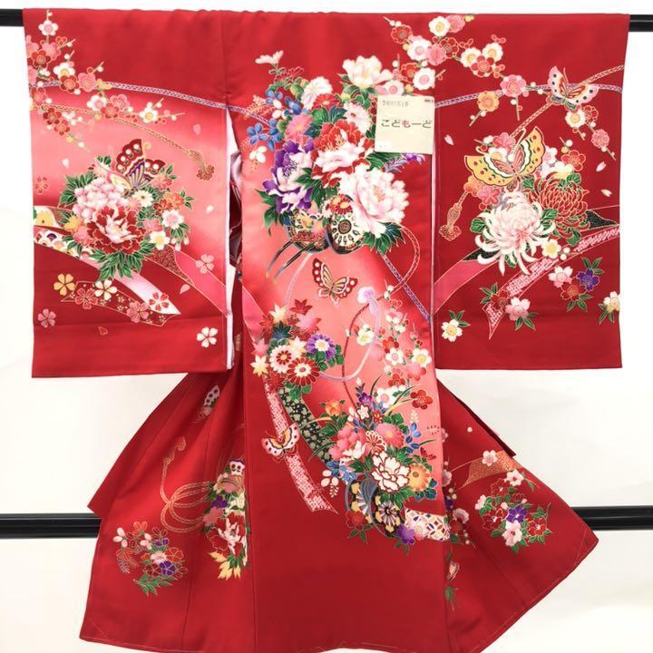 経典 ピンク 赤 一つ身 正絹 1871 花 かけ着 七五三 豪華 牡丹 襦袢付