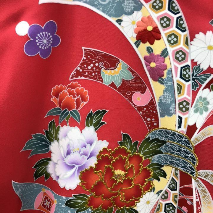 BY1923 絞り 牡丹 正絹 一つ身 赤 刺繍 襦袢付 豪華 花 七五三かけ着