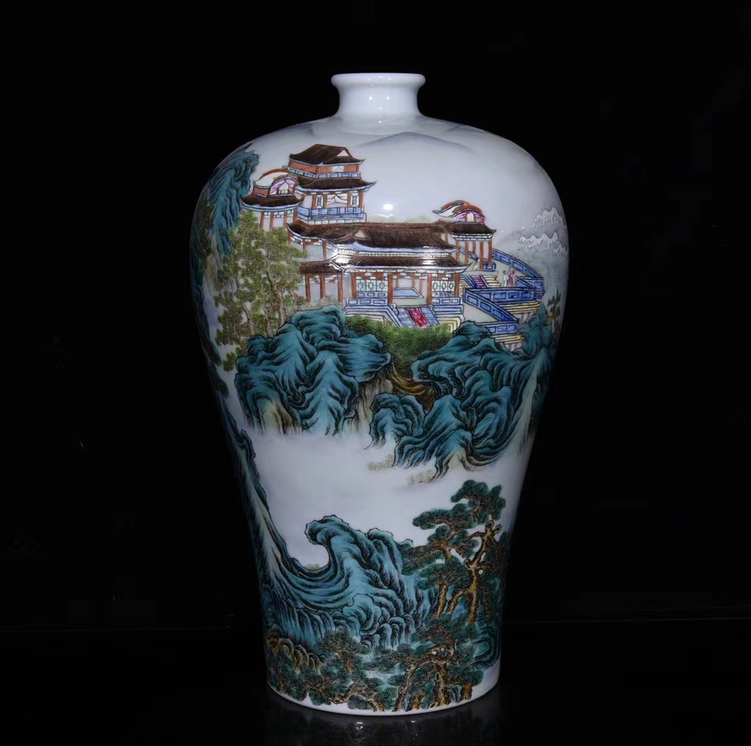 旧蔵 古美術 中国古玩 大清雍正年製款 粉彩 描金 山水楼閣松樹紋梅瓶