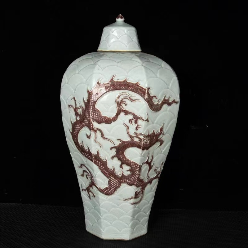 ◆旧蔵◆古美術 中国古玩 元代　釉里紅龍紋八方梅瓶　時代物 T16