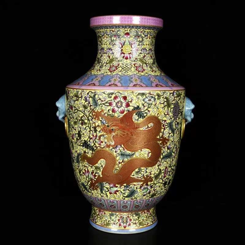 新製品情報も満載◇旧蔵◇古美術中国古玩描金黄地纏枝蓮開窗龍紋獸耳盤