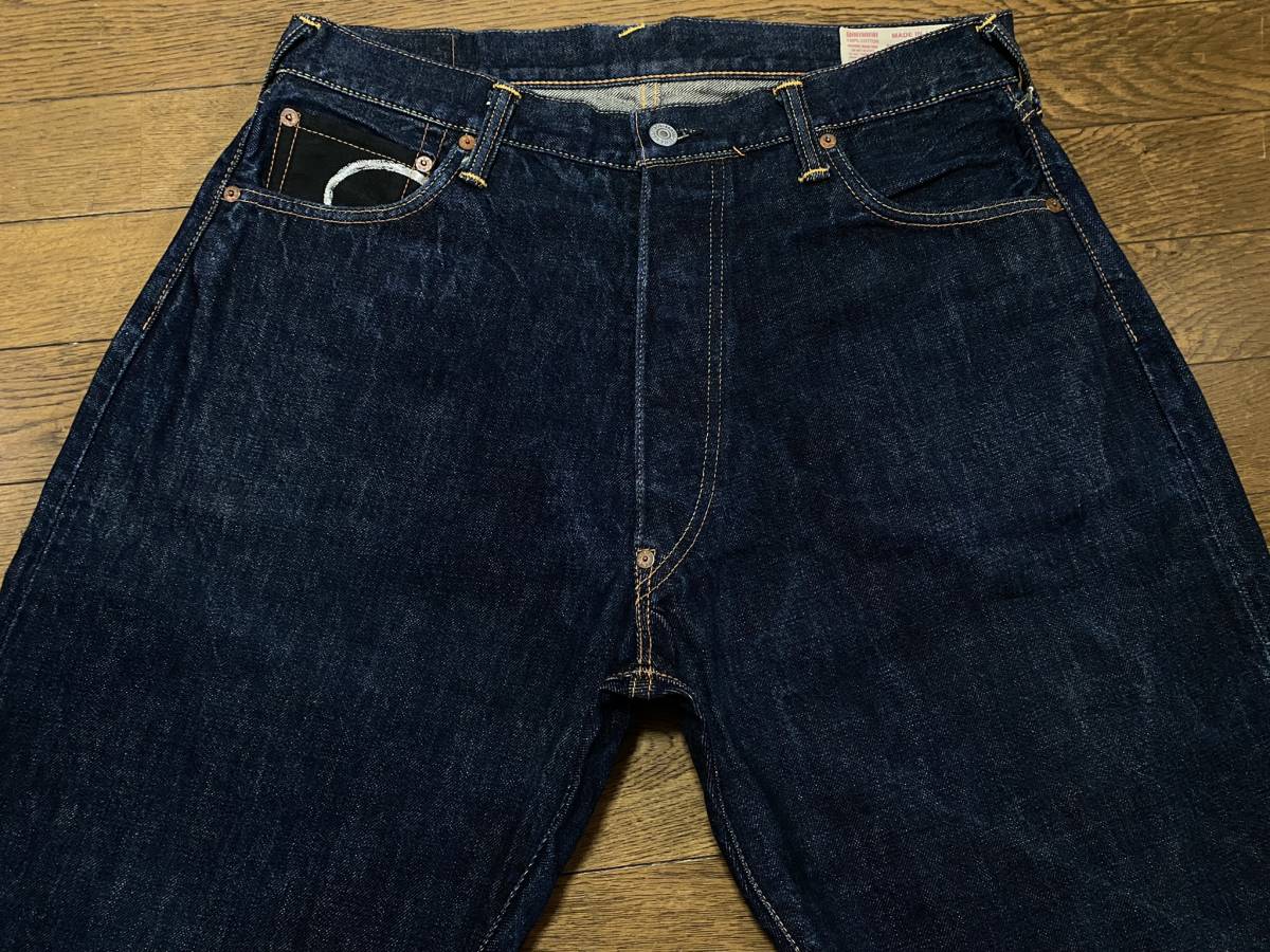 ※EVISU エヴィス エビス No2 LOT2001 スカルシルバー刺繍ピンクカモメペイントセルビッチデニム 日本製 濃紺 大きいサイズ 36 BJBB.H_画像6