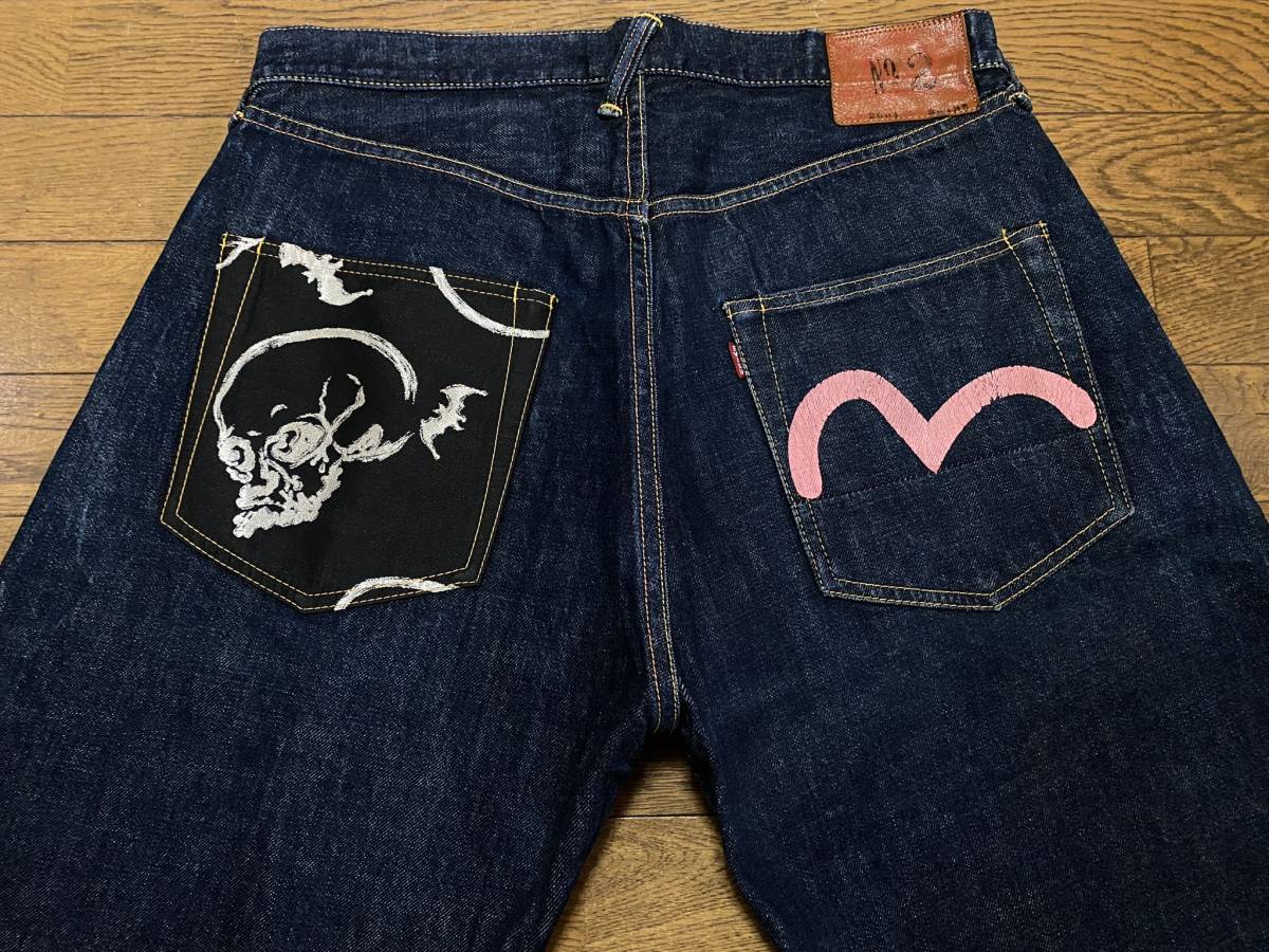 ※EVISU エヴィス エビス No2 LOT2001 スカルシルバー刺繍ピンクカモメペイントセルビッチデニム 日本製 濃紺 大きいサイズ 36 BJBB.H_画像3