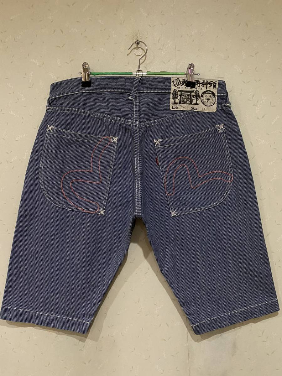 ※新 恵美寿神頭 EVISU エヴィス エビス LOT2005 セルビッチ カモメステッチショートストライプデニム 日本製 大きいサイズ 34 BJBB.H