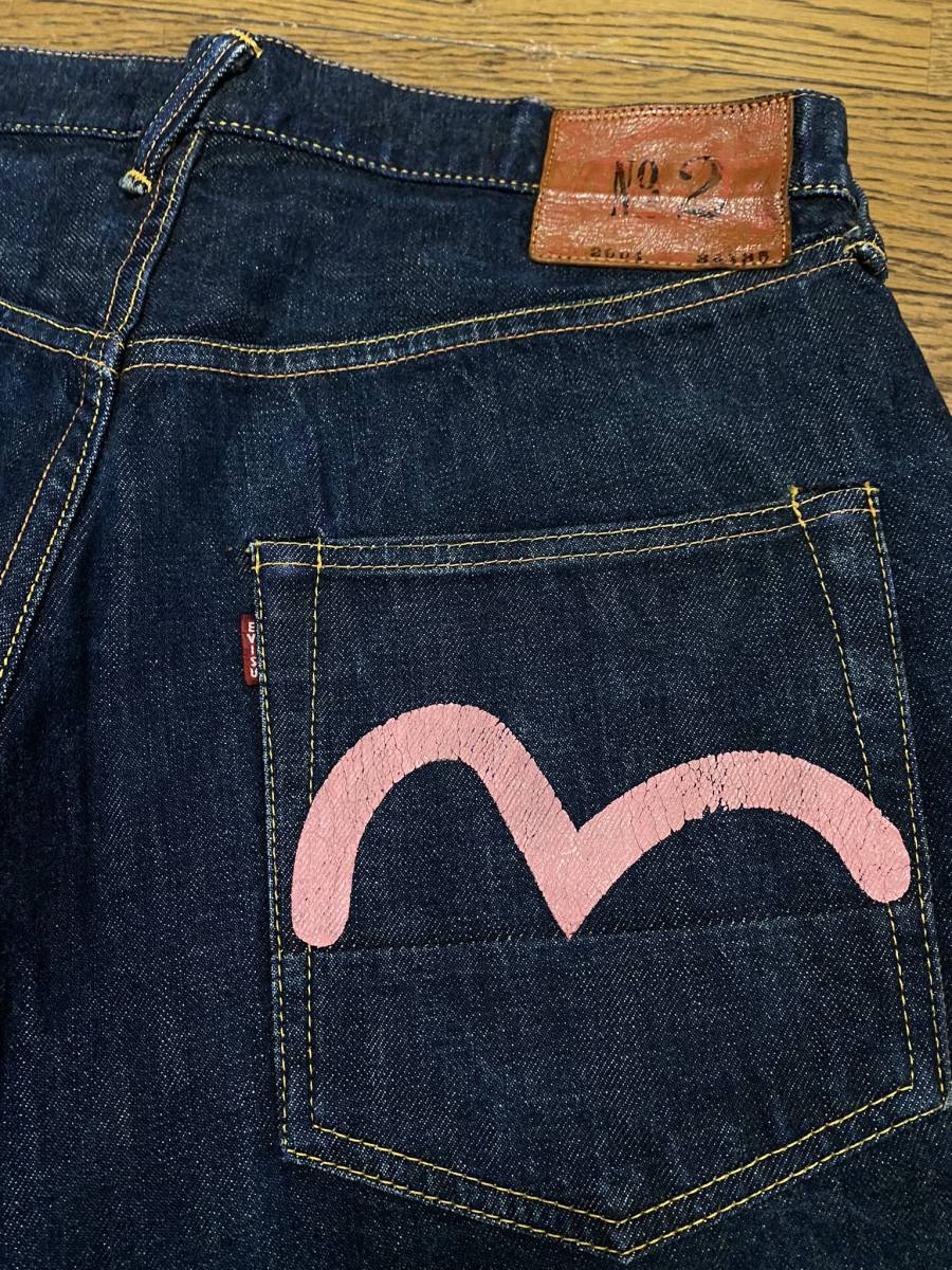 ※EVISU エヴィス エビス No2 LOT2001 スカルシルバー刺繍ピンクカモメペイントセルビッチデニム 日本製 濃紺 大きいサイズ 36 BJBB.H_画像4