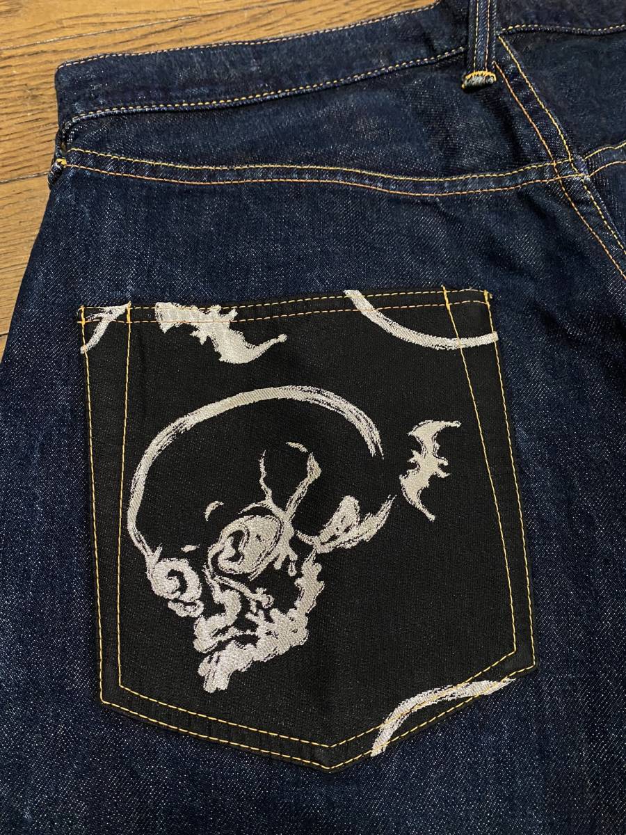 ※EVISU エヴィス エビス No2 LOT2001 スカルシルバー刺繍ピンクカモメペイントセルビッチデニム 日本製 濃紺 大きいサイズ 36 BJBB.H_画像5