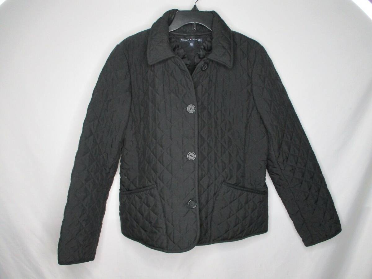 Tommy Hilfiger Womens Quilted Jacket Large Black Pockets Three Button Polyester 海外 即決