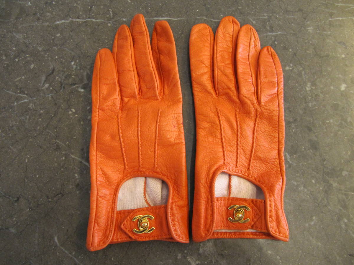 シャネル CHANEL 手袋 グローブ オレンジ サイズ7 革製