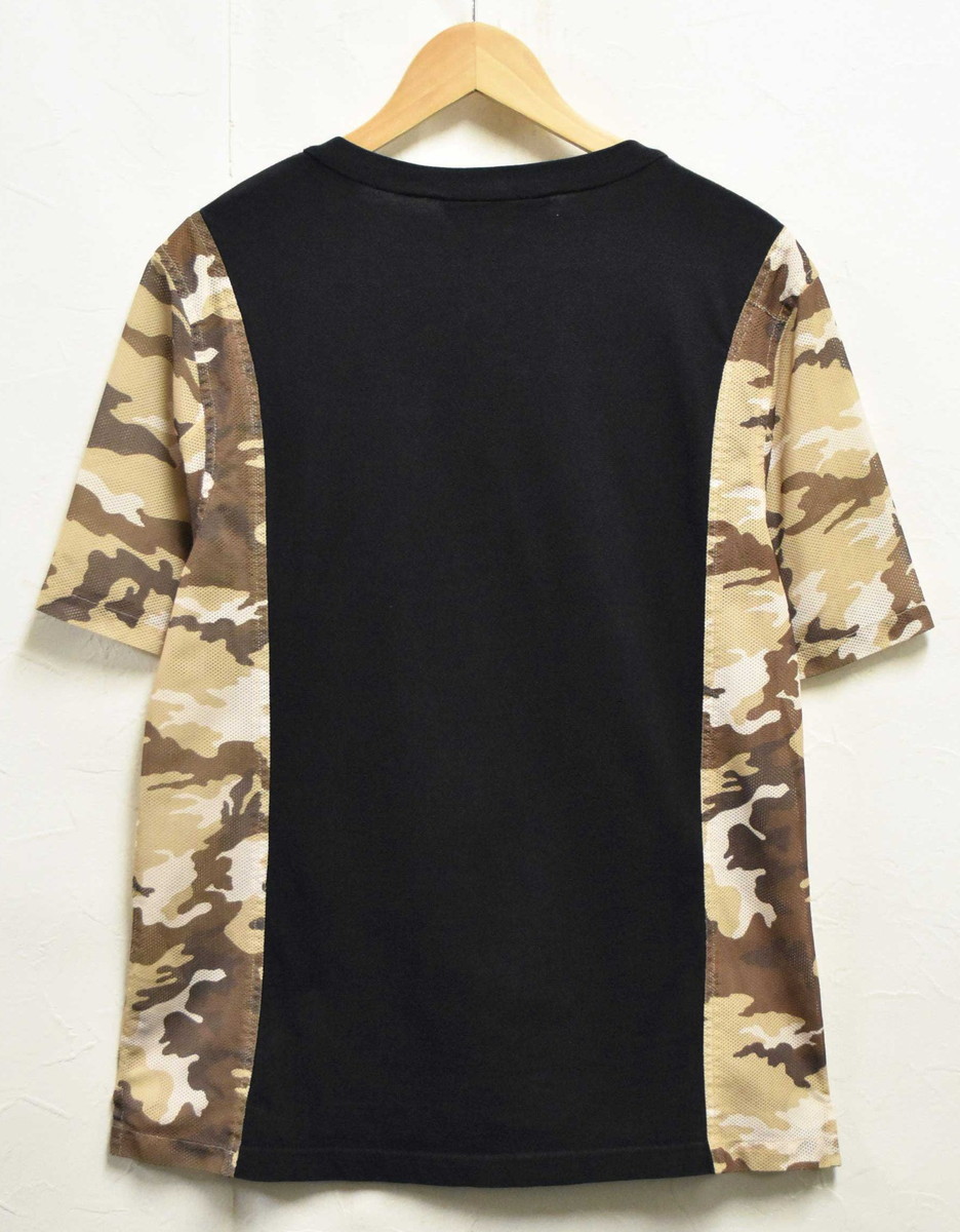 フランス製 コム・デ・ギャルソン シャツ 半袖Tシャツ Tシャツ×メッシュ ブラック×ベージュ系カモフラージュ柄 メンズM(33259_画像2