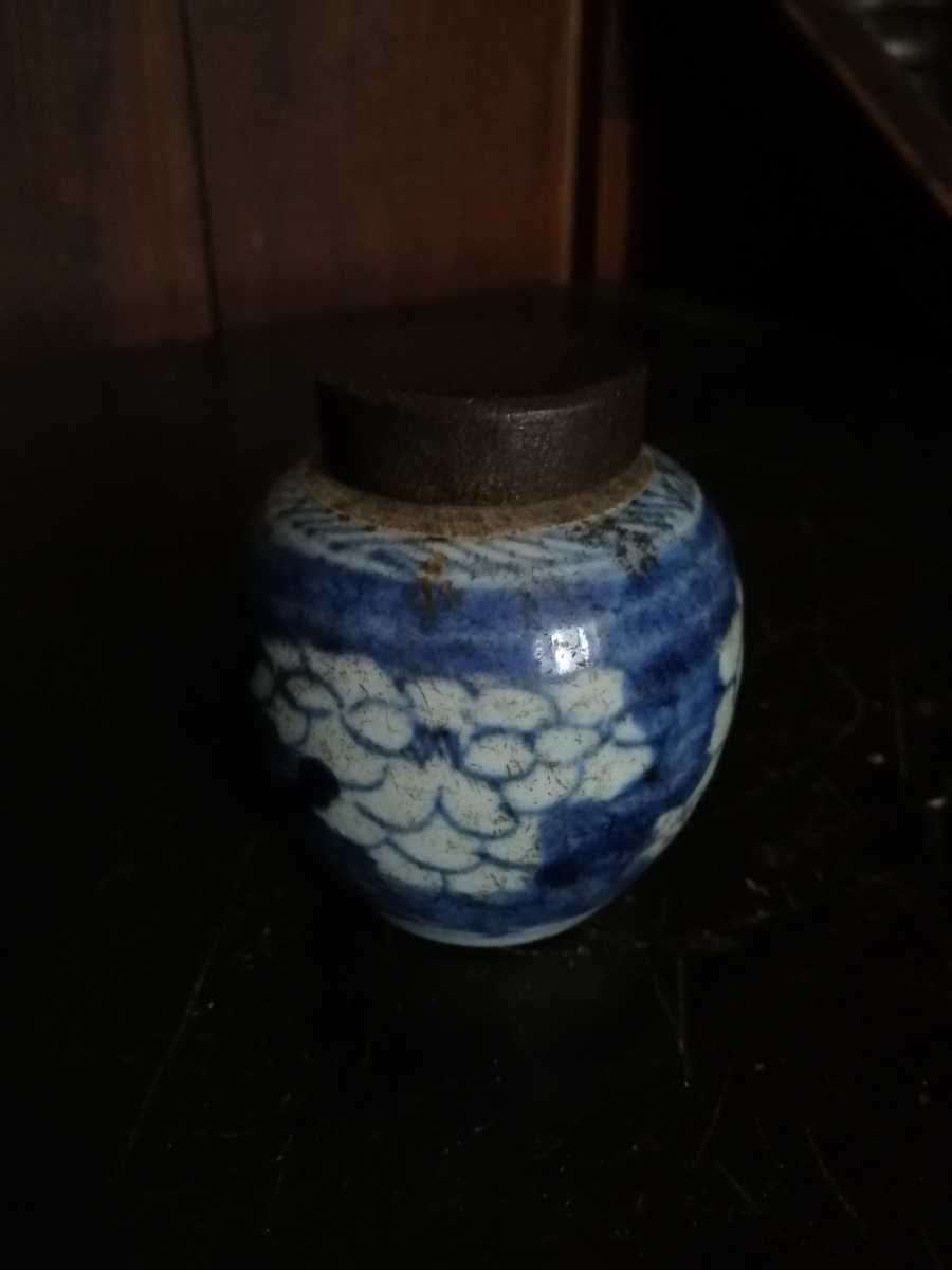 中国美術 古玩 青華染付 花鳥蝶々茶入 茶葉罐 煎茶道具 木箱付き-