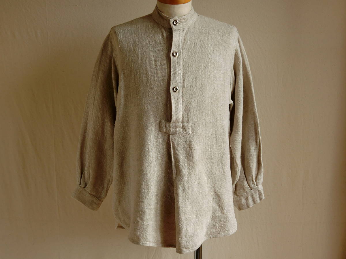 1930s40sヘビーリネン襟なしワークシャツスモック ヨーロッパ