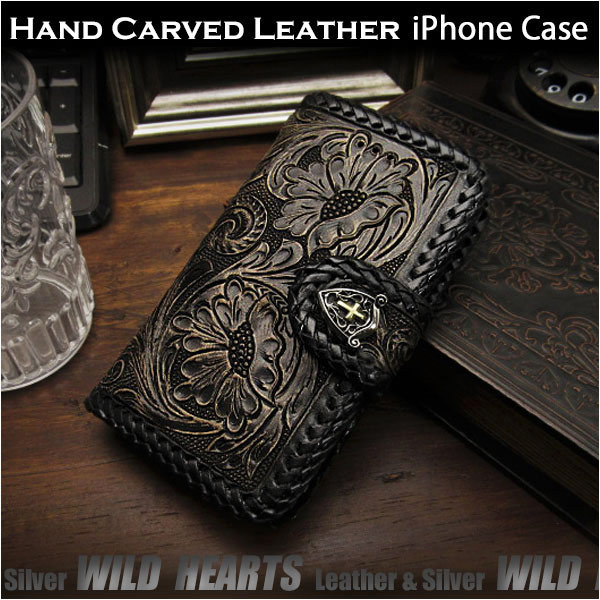 iPhone 13mini iPhone case smartphone case notebook type original leather leather case Carving hand made saddle leather black black Conti . attaching 