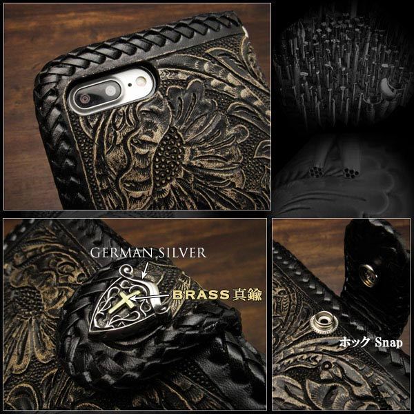 iPhone 13mini iPhone case smartphone case notebook type original leather leather case Carving hand made saddle leather black black Conti . attaching 
