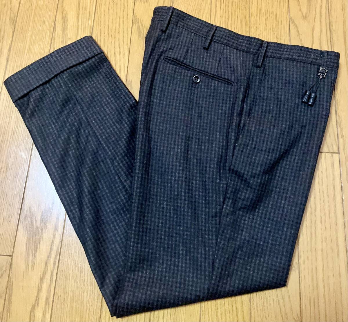 INCOTEX インコテックス ブラウンチェック ウールスラックス SLIM FIT 1NT035 サイズ:48 秋冬 美品