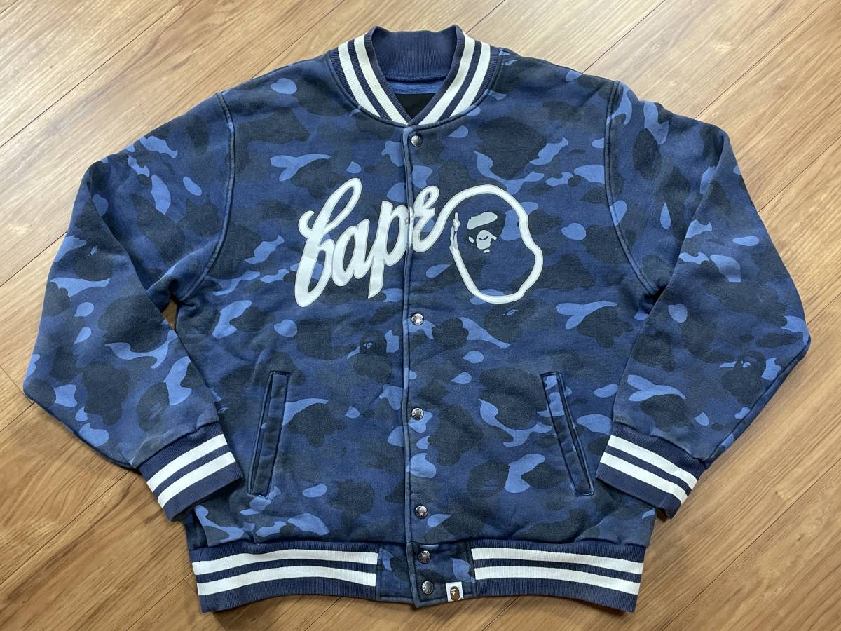 36 A BATHING APE アベイシングエイプ color camo 猿迷彩 青迷彩 スウェット スタジャン ジャケット サイズL_画像1