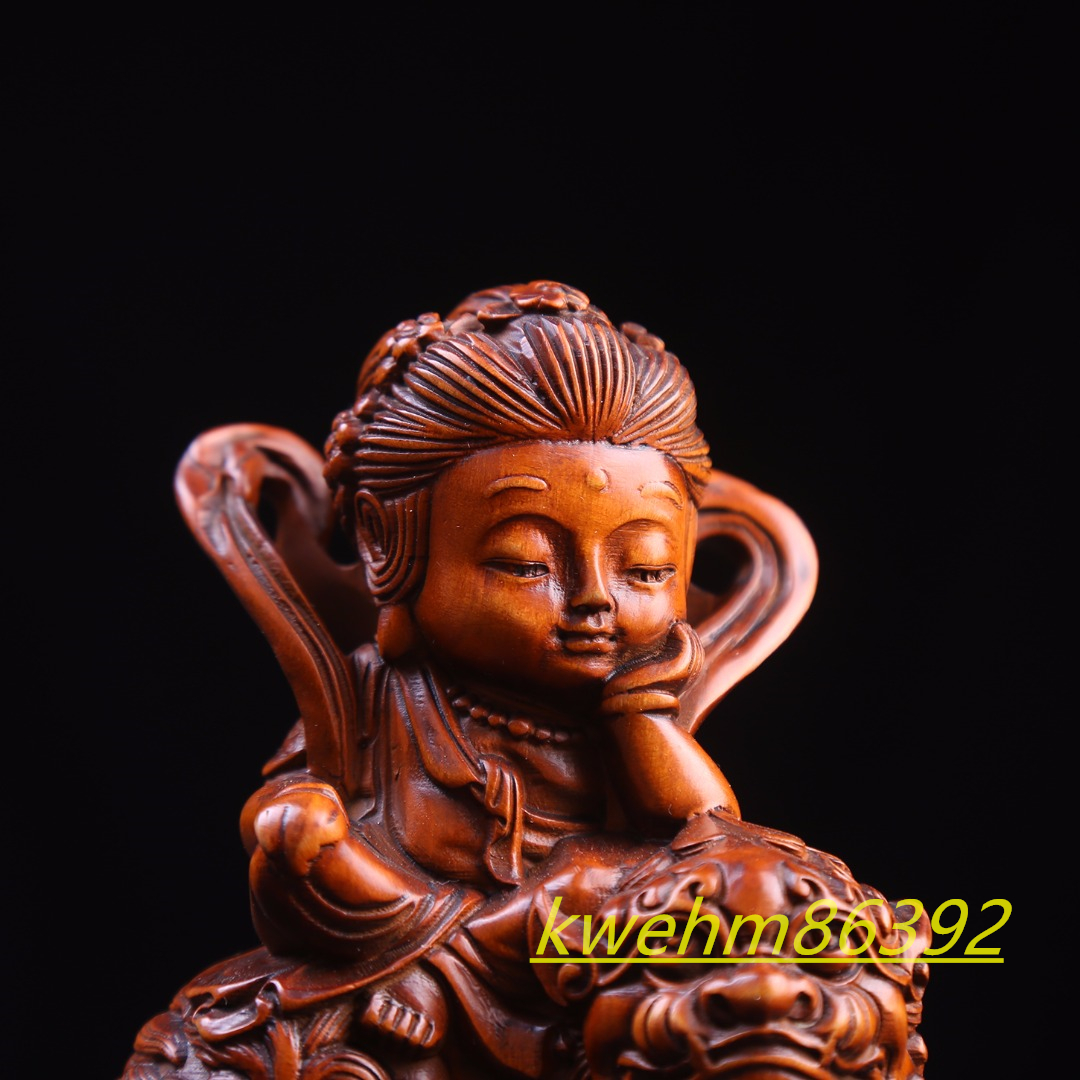 木彫り 仏像 文殊菩薩 普賢菩薩 座像 一式 彫刻 仏教工芸品 柘植材_画像3