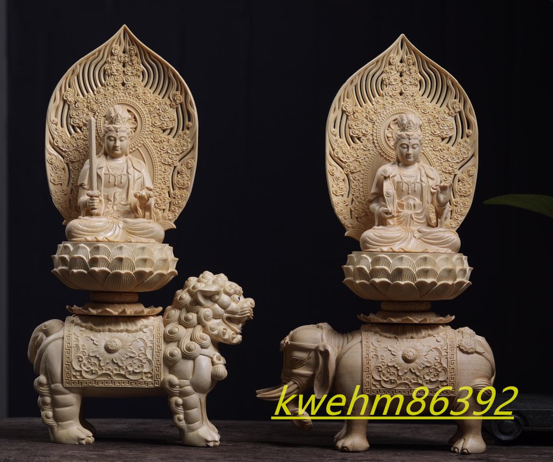 大迫力 木彫り 仏像 文殊菩薩 普賢菩薩 座像 一式 彫刻 一刀彫 檜材 極上彫 木彫仏像 普賢菩薩座像 彫刻 一刀彫 天然木檜材 仏教工芸品