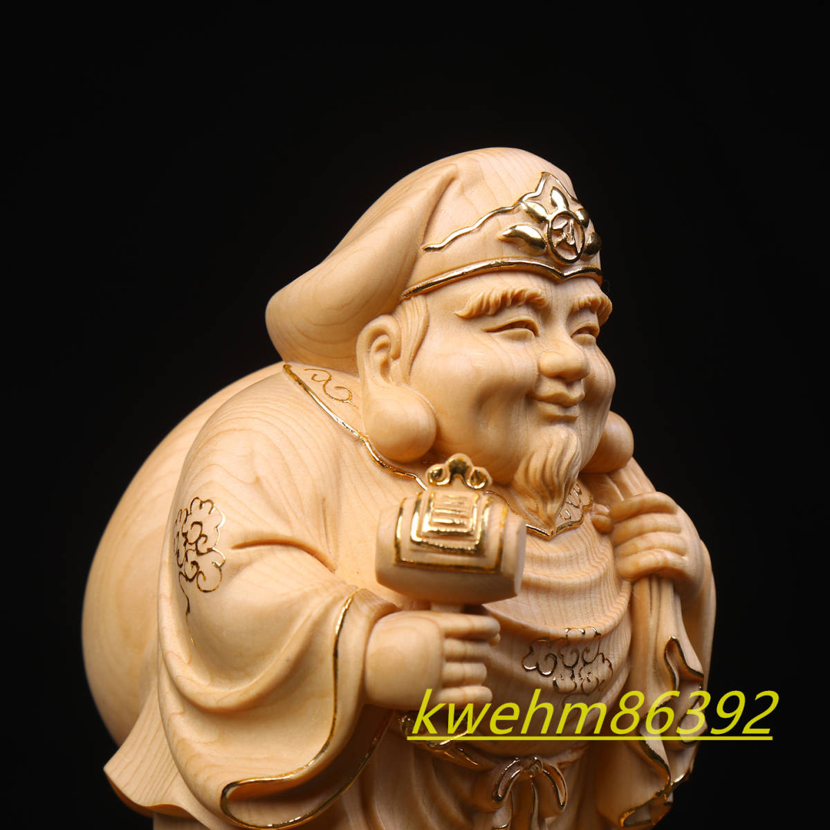 珍品 木彫仏像 七福神 大黒天 立像 財神 本金 切金 彫刻 天然木檜材_画像3