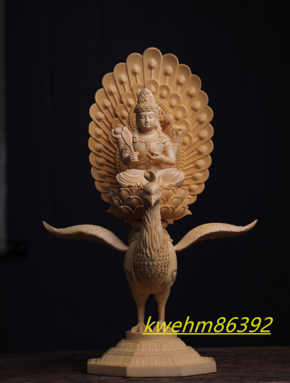 最高級 木彫仏像 孔雀明王 座像 彫刻 一刀彫 天然木檜材 仏師で仕上げ_画像2