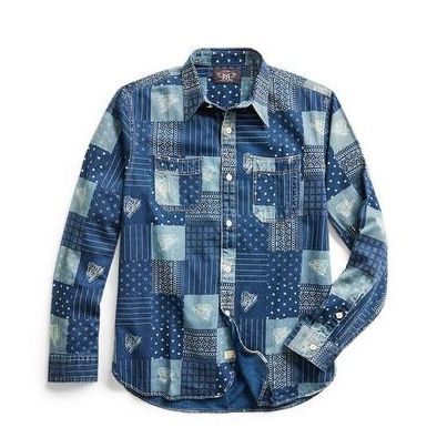 新品*RRL*パッチワークプリント インディゴ ツイル ワークシャツ*M
