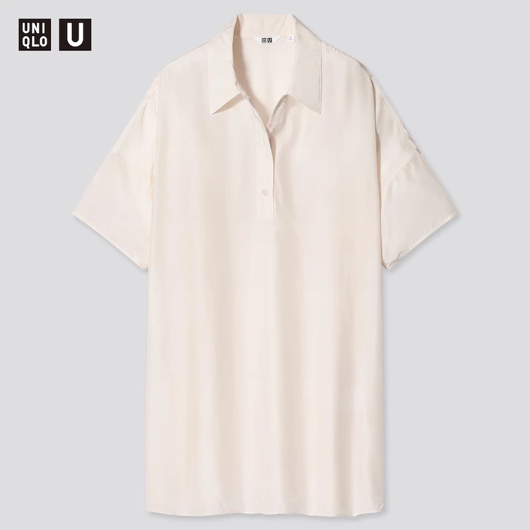 【新品・M・オフホワイト】 ユニクロ ユニクロユー UNIQLO U シャイニーレーヨンポロチュニック しなやかで上品な光沢感を持つポロシャツ