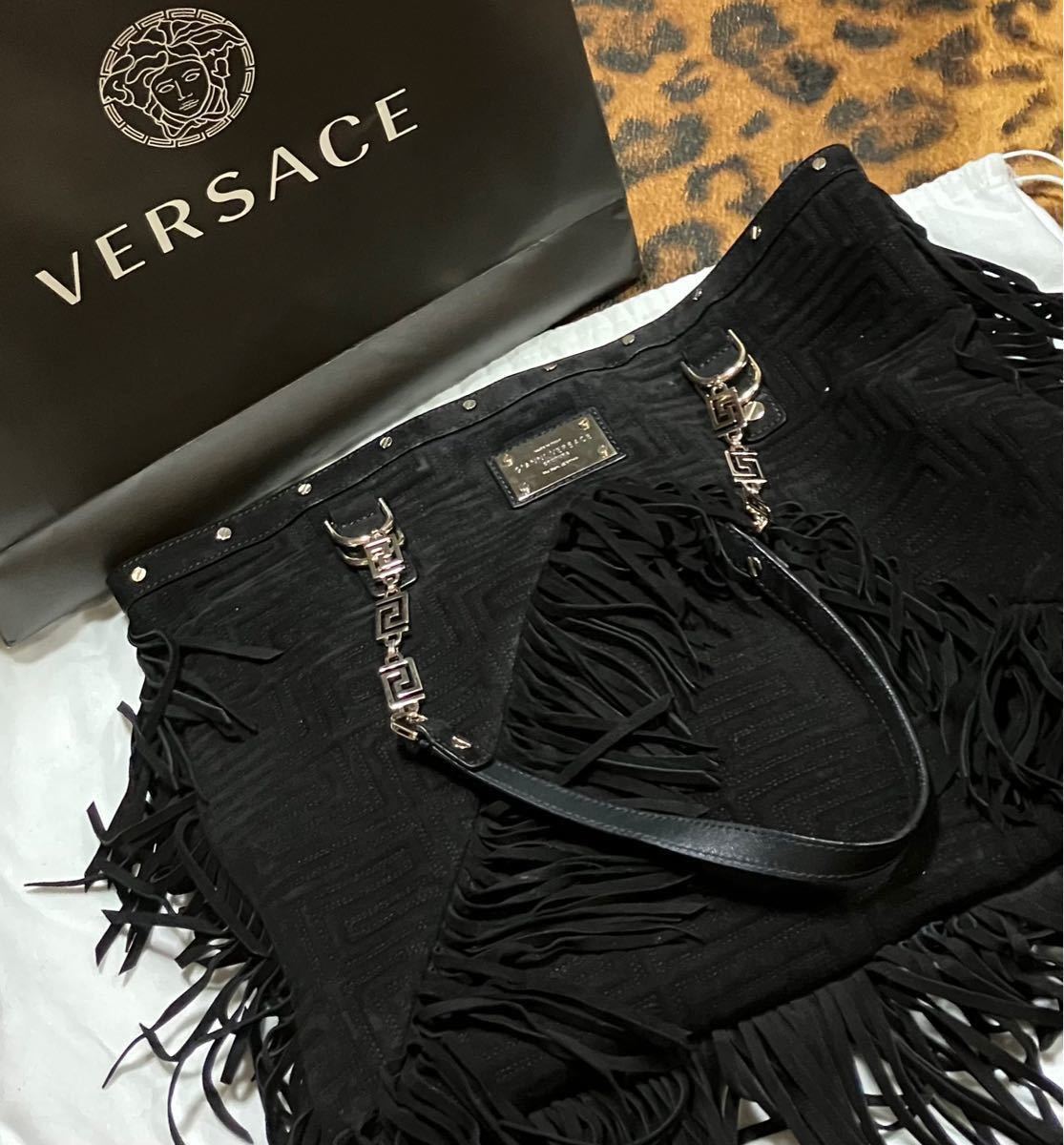 (VERSACE/廃盤フリンジトートバッグ/ブラック/美品・中古品)スエードフリンジ トートバッグ