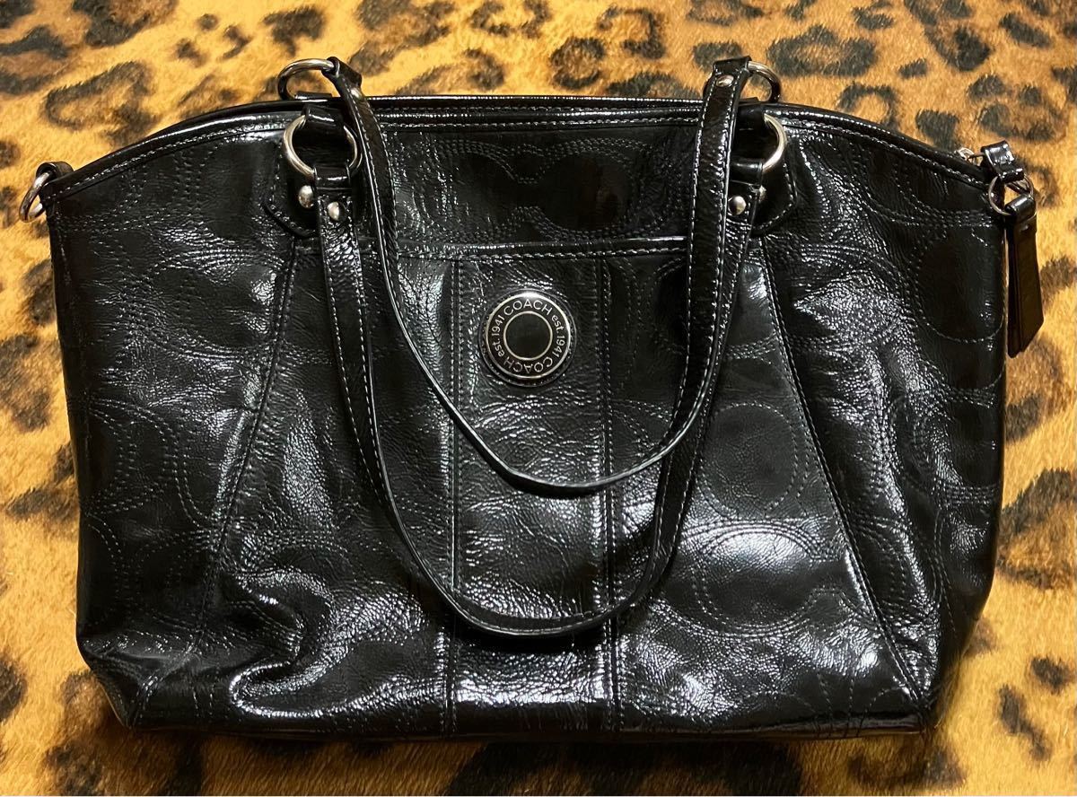 (COACH トートバッグ／エナメルブラック／中古品)COACHバック