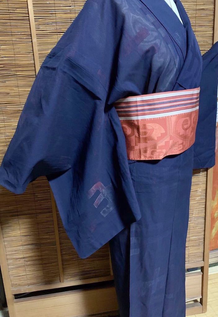夏着物 紗 正絹 幾何学模様 紺赤 ラメ 丈158