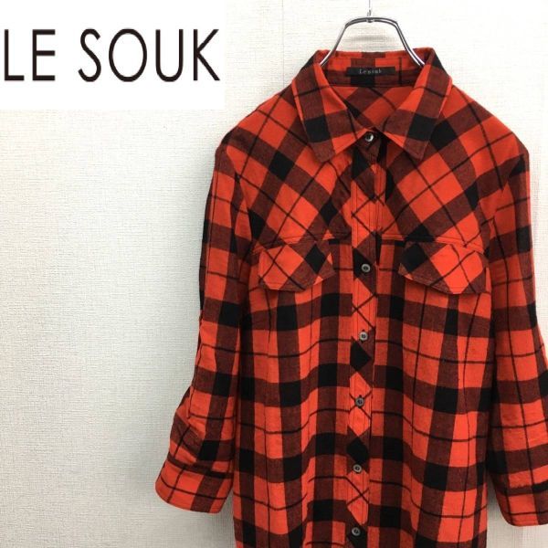 EZ2037*LE SOUK wool . thin 7 minute sleeve long shirt *46* red black check pattern Le souk 