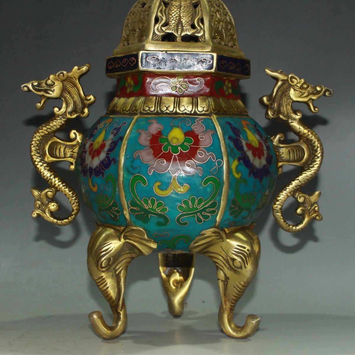 精品収蔵・黄銅製・金鍍・景泰藍・琺瑯彩・透空作・雙龍耳・花卉紋 精品収蔵・黄銅製・金鍍・景泰藍・琺瑯彩・透空作・雙龍耳・花卉紋
