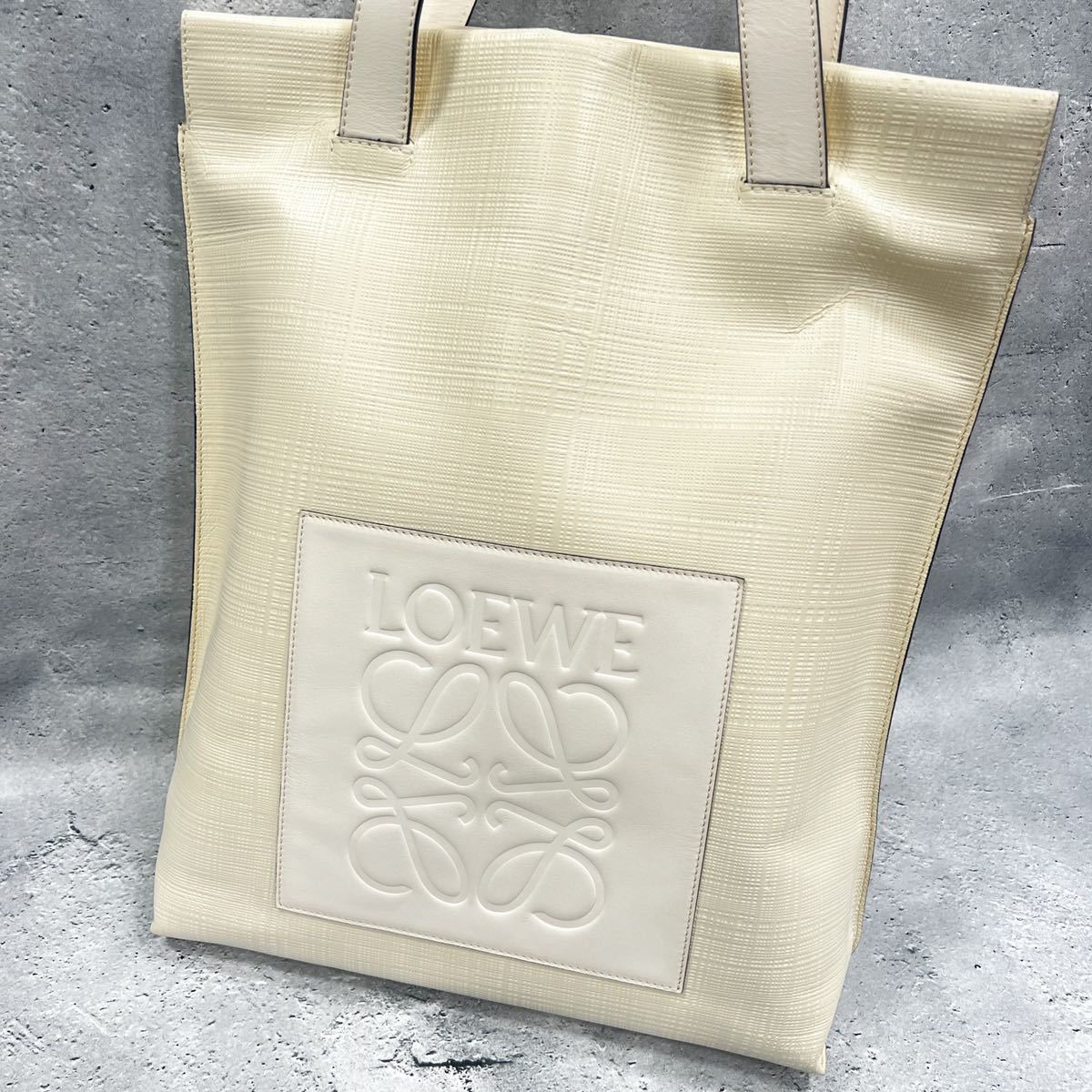 LOEWE ロエベ リネン ショッパートート トートバッグ ハンドバッグ ホワイト アイボリー ナチュラル アナグラム ロゴ レザー 330.17.K01
