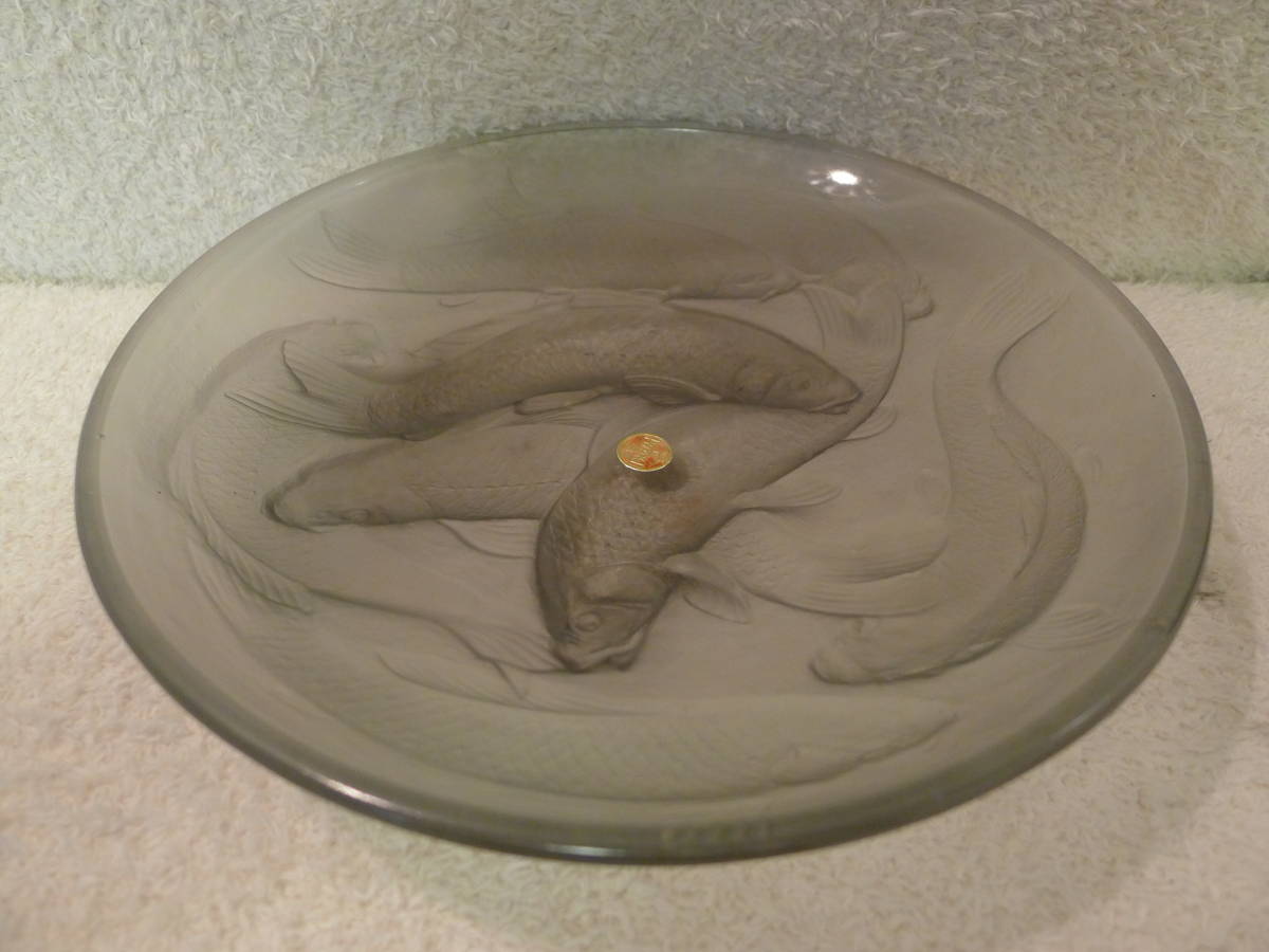 dd014●IWAKI GLASS イワキガラス 鯉の浮き彫り 大皿 ラリック風 工芸硝子 魚 レリーフ 躍動感 オブジェにも 昭和レトロ/60の画像8